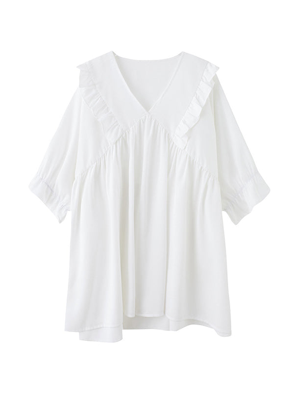 Loose Ruffle Sleeves Ruffled Solid Color Peter Pan Collar Blouses&Shirts Tops