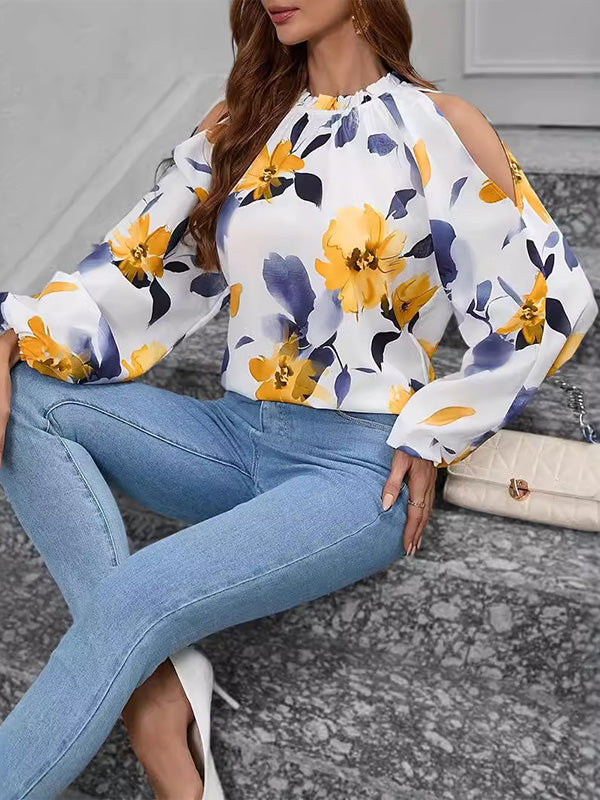 Long Sleeves Loose Elasticity Flower Print Pleated Cold Shoulder Blouses&Shirts Tops