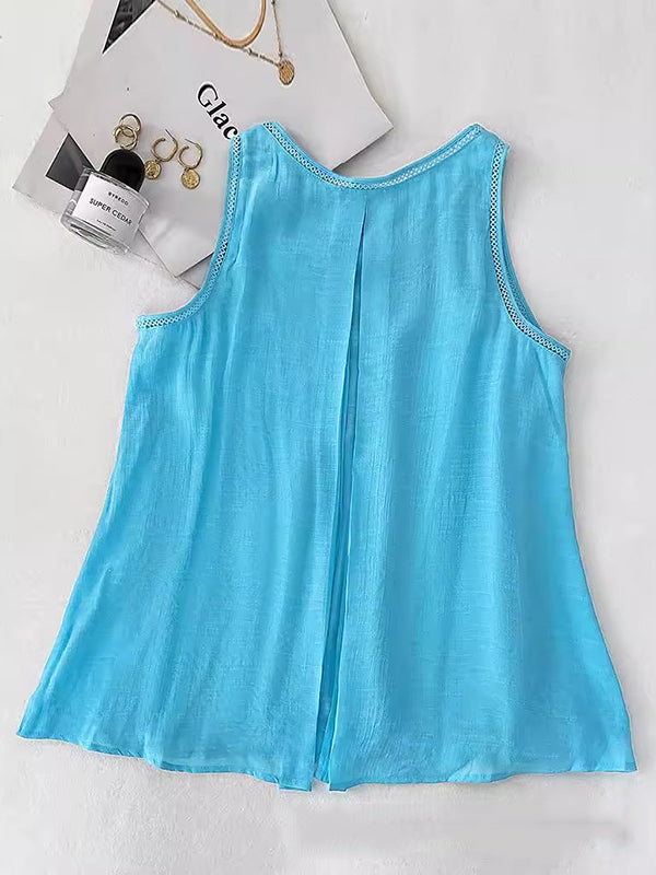 Loose Sleeveless Solid Color Split-Back Split-Front Split-Joint Round-Neck Vest Top