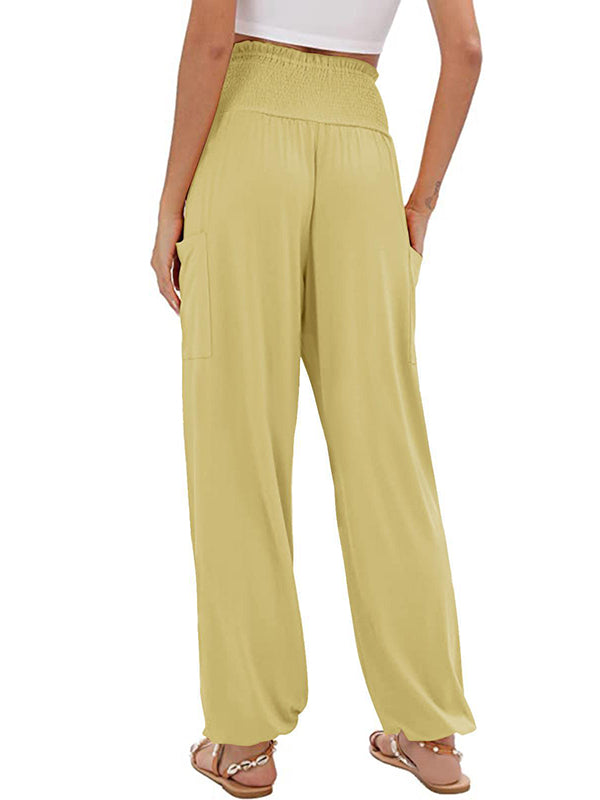 High Waisted Loose Elasticity Pleated Pockets Solid Color Split-Joint Pants Trousers