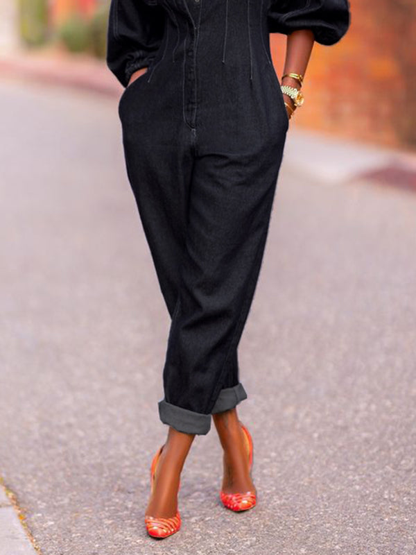 Puff Sleeves Split-Joint Round-Neck Jumpsuits