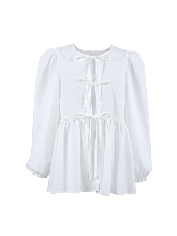 Long Sleeves Loose Elasticity Solid Color Split-Joint Tied Round-Neck Blouses&Shirts Tops