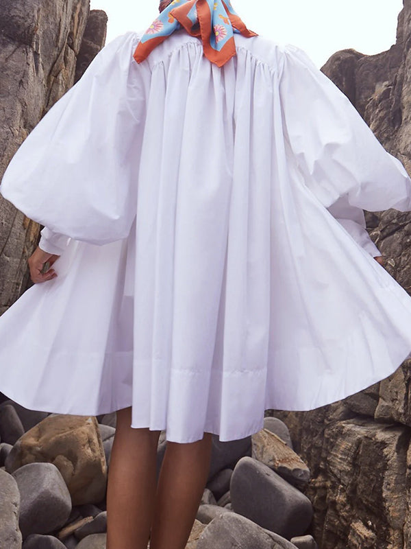 Long Sleeves Loose Buttoned Solid Color Stand Collar Mini Dresses Shirt Dress