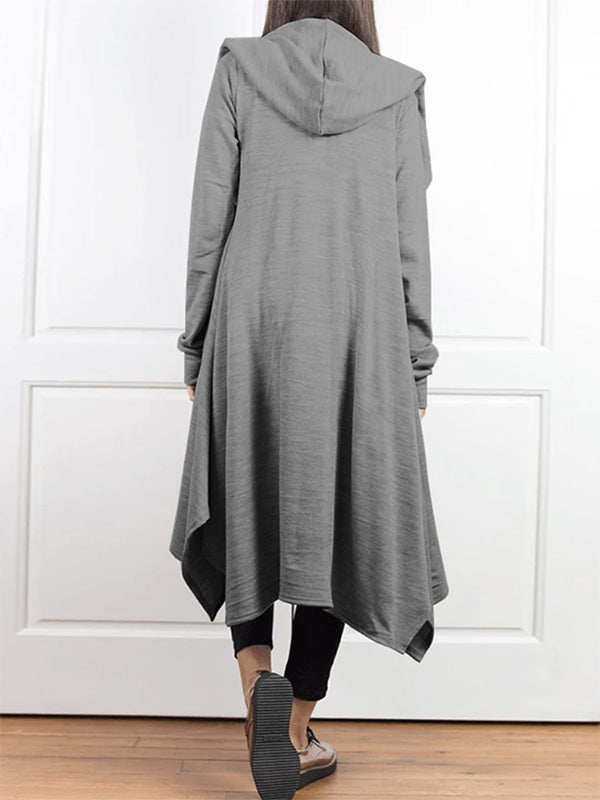 Irregular Clipping Long Sleeves Solid Color Hooded Outerwear