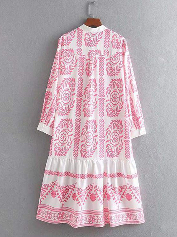 Long Sleeves Loose Leaves Print Printed Stand Collar Midi Dresses