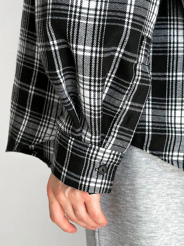 Long Sleeves Loose Plaid Split-Joint Lapel Blouses