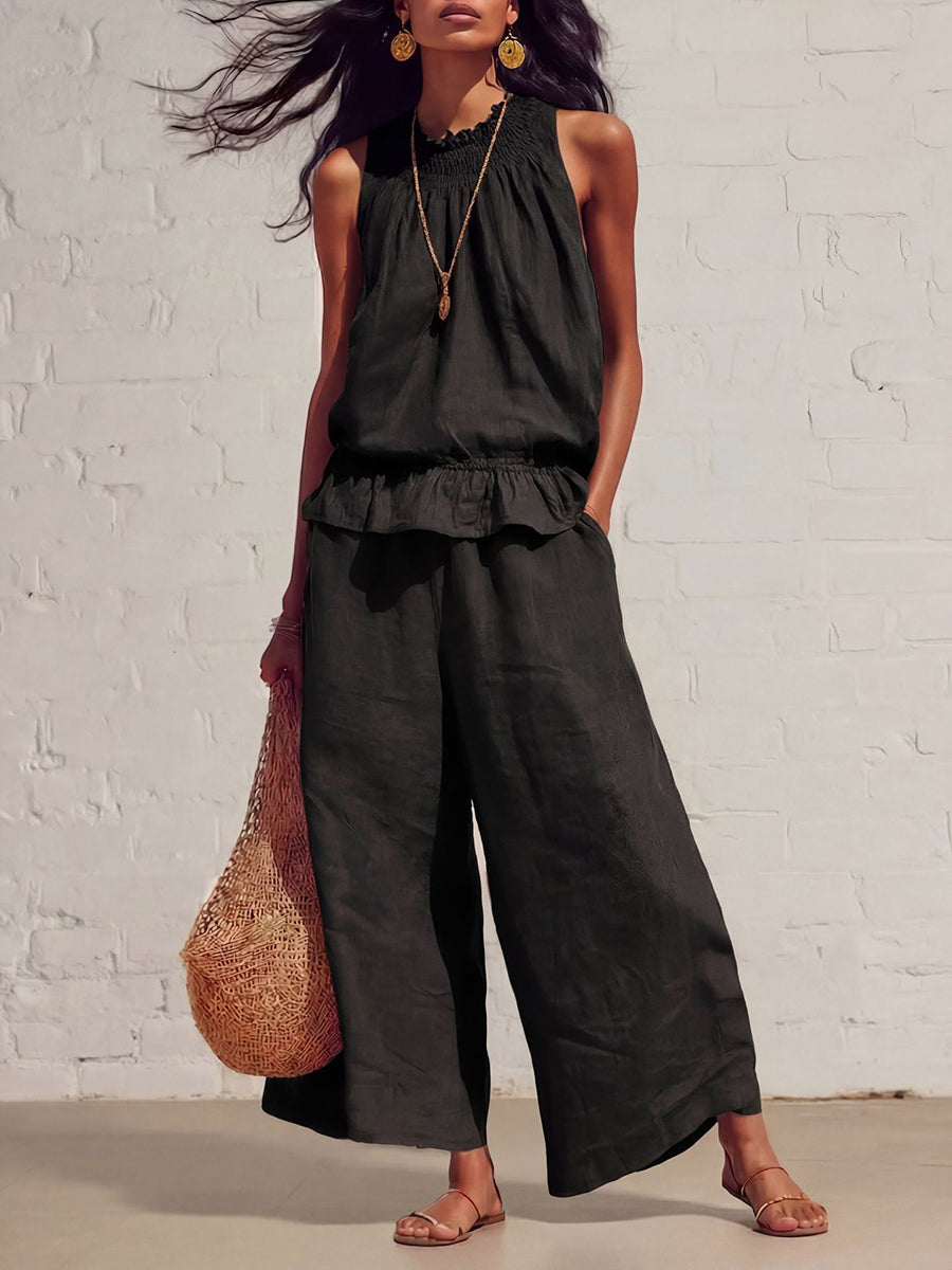 Loose Sleeveless Elasticity Pleated Pockets Solid Color Round-Neck Vest Top + Bottom Pants Two Pieces Set