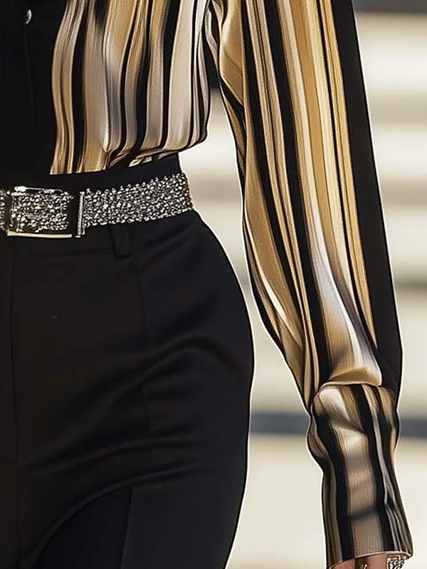 Long Sleeves Buttoned Striped Lapel Blouses&Shirts Tops