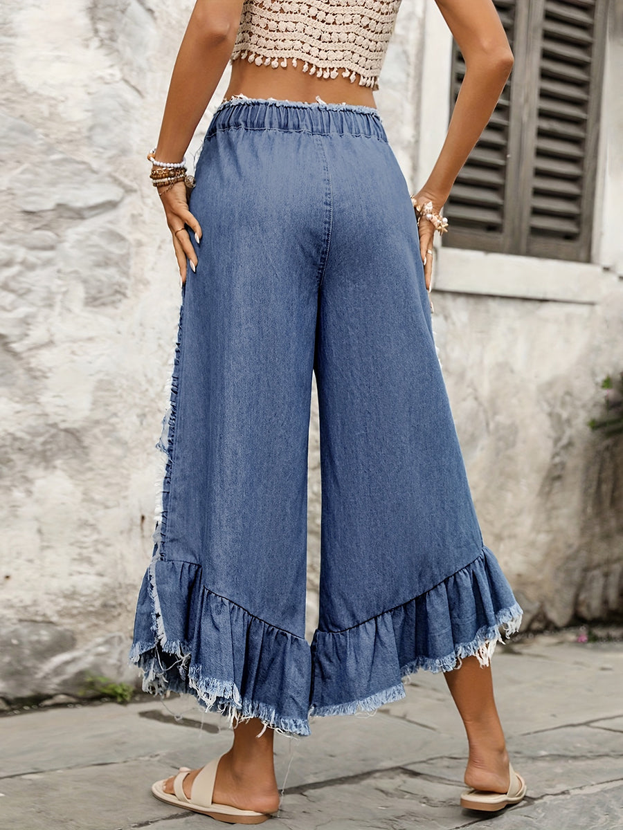 Cropped Wide Leg Drawstring Fringed Ruffled Solid Color Jean Pants Bottoms