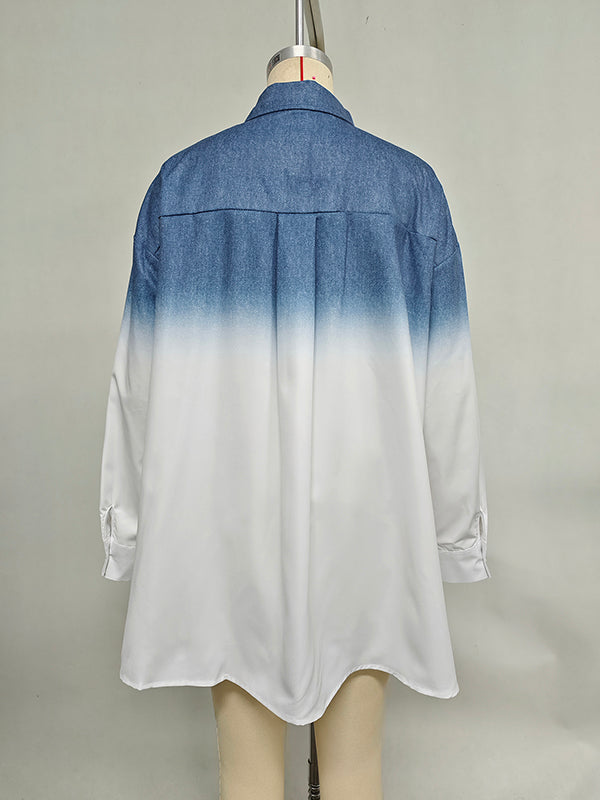 High-Low Loose Gradient Printed Split-Joint Split-Side Lapel Blouses&Shirts Tops