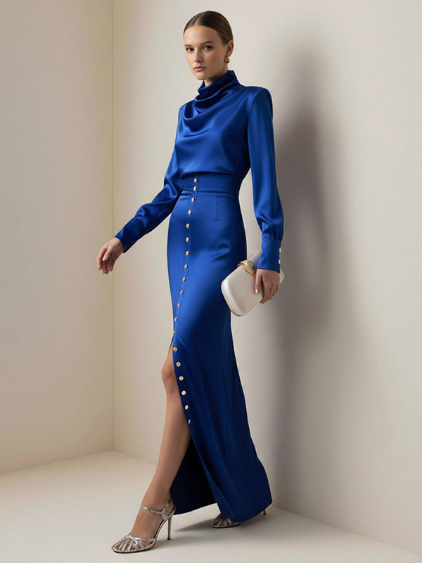 Split-Joint Heaps Collar Long Sleeves Pleated Blouses&Shirts Tops + Elasticated Waist Asymmetric Buttoned Contrast Color Split-Side Zipper Skirts Bottoms Two Pieces Set