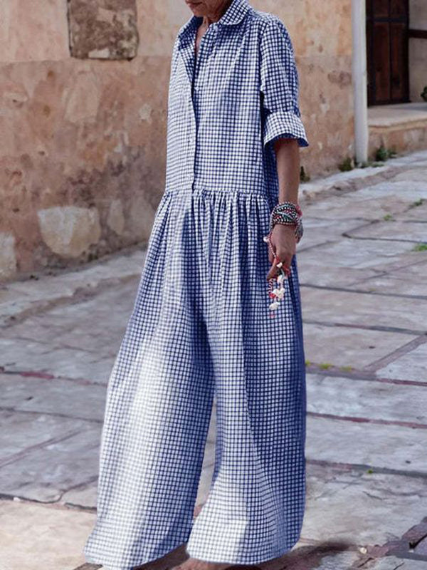 Long Sleeves Loose Buttoned Plaid Pleated Split-Joint Lapel Jumpsuits