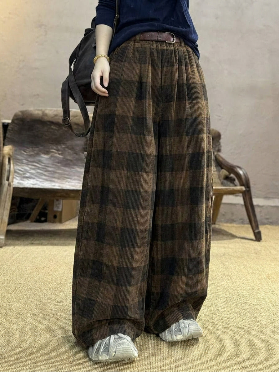 Plus Size Women Retro Plaid Corduroy Loose Wide-leg Pants