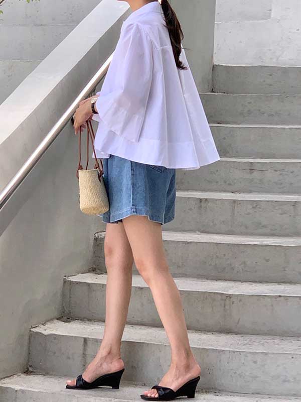 A-Line Flared Sleeves Buttoned Pleated Solid Color Lapel Blouses&Shirts Tops