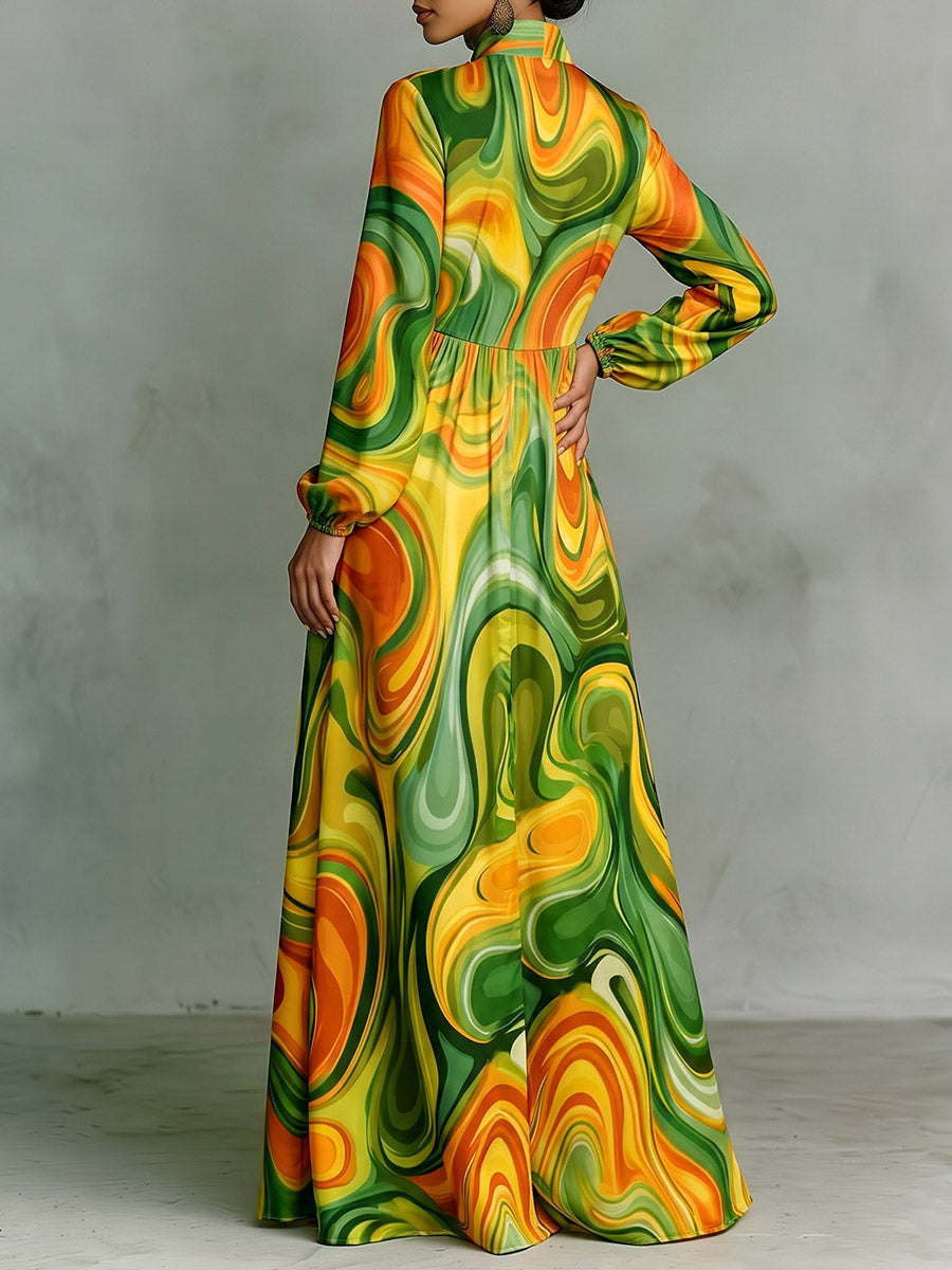 Printed Pockets Pleated Contrast Color Loose Long Sleeves Stand Collar Maxi Dresses