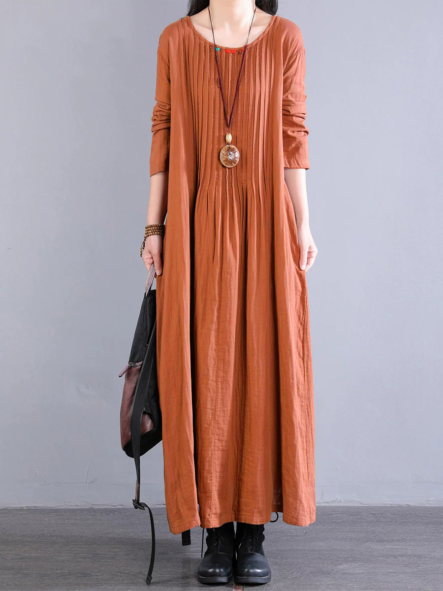 Plus Size Women Artsy Pure Color Shirred 100%Cotton O-Neck Dress