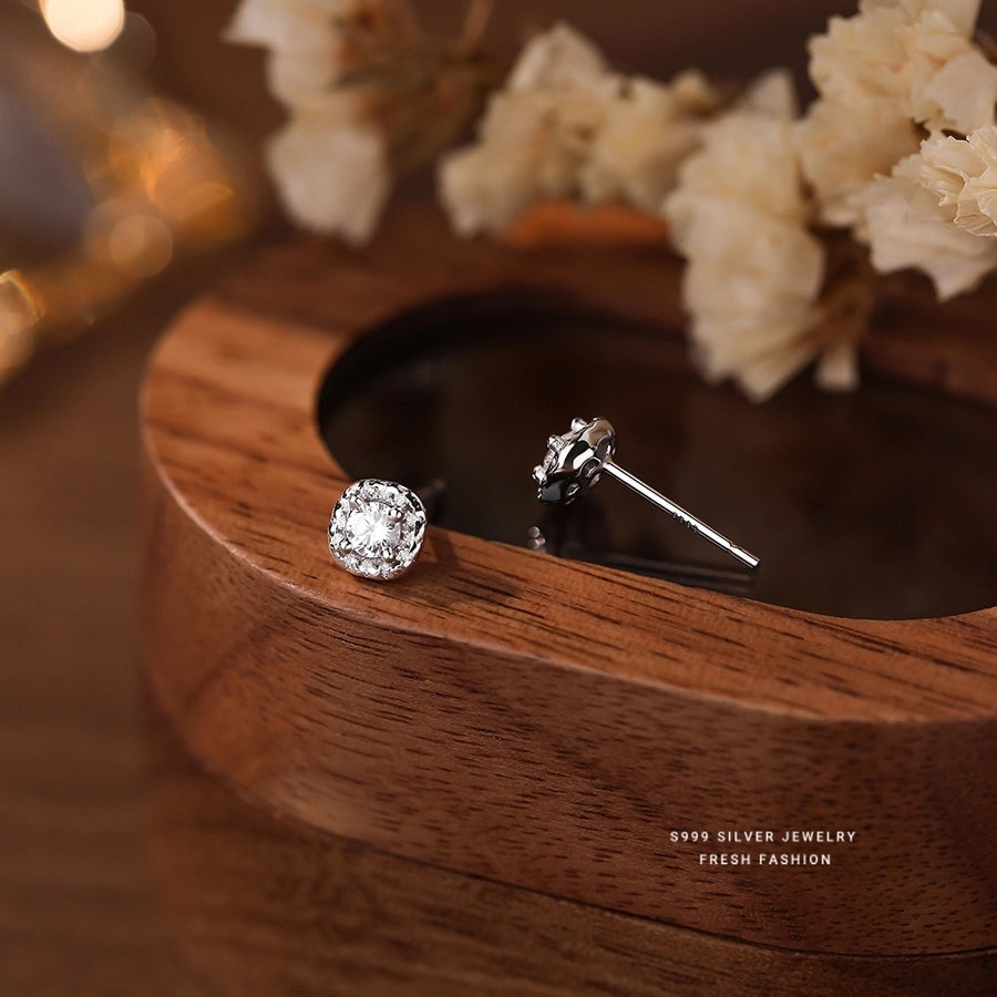 1 Pair S999 Silver Zircon 925 Sterling Silver Earrings Geometric Ear Studs