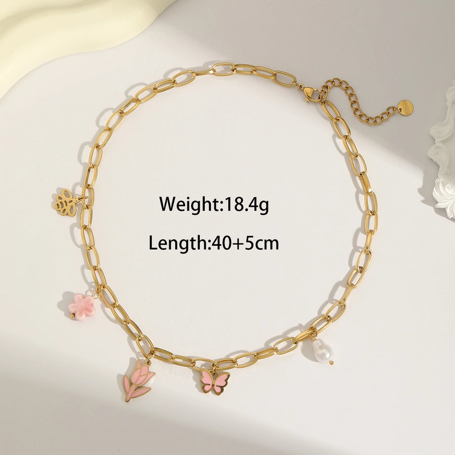 Jewelry Sweet Simple Style Flower Butterfly 304 Stainless Steel Imitation Pearl 18K Gold Plated Enamel Jewelry Set