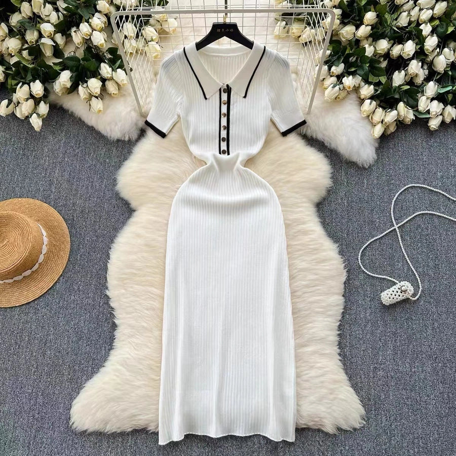 Women's Sheath Dress Elegant Turndown Short Sleeve Stripe Midi Dress Daily