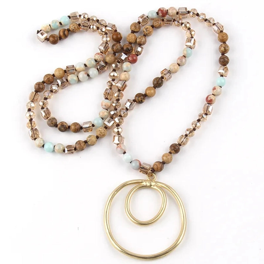 Retro Geometric Semi-precious stone Alloy Glass Beaded Chain Pendant Necklace In Bulk Natural stone necklace