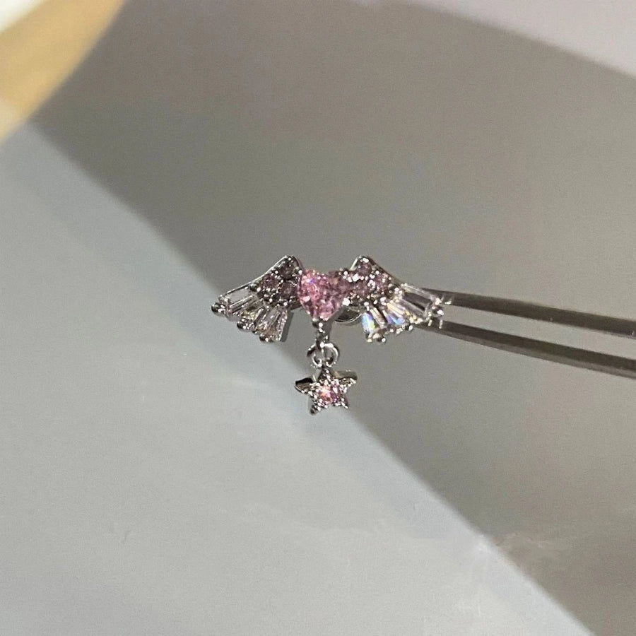 1 Piece 1 Pair Simple Style Shiny Round Heart Shape Wings Inlay Alloy Rhinestones Ear Studs