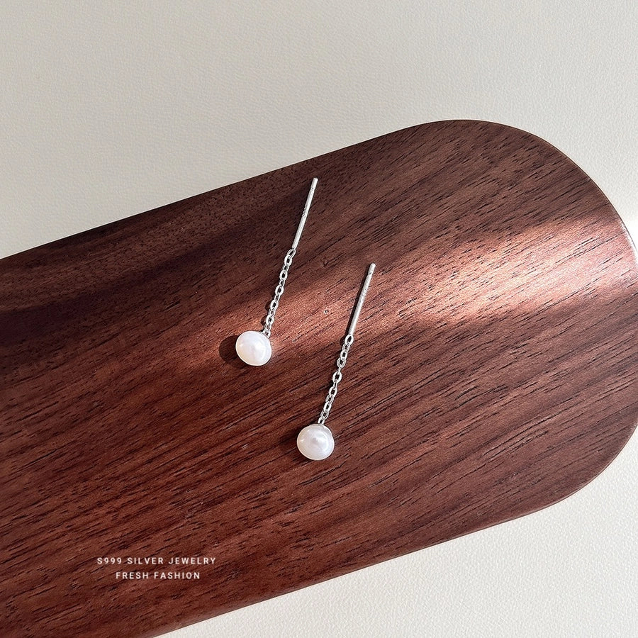 1 Pair S999 Silver Freshwater Pearl Freshwater pearl earrings Pearl Ear line