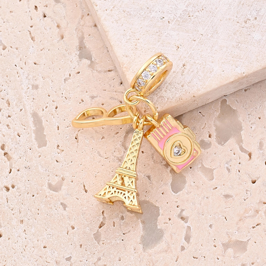 1 Piece 27mm 30mm 32mm Hole 4~4.9mm Copper Zircon 18K Gold Plated Eiffel Tower Camera Airplane Beads Jewelry Accessories