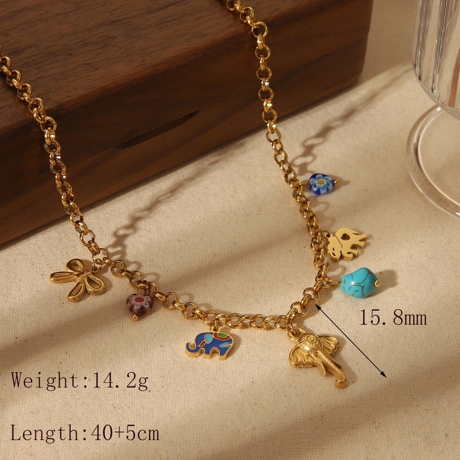 Jewelry Vintage Style Simple Style Artistic Elephant Butterfly Bow Knot 304 Stainless Steel Natural Stone 18K Gold Plated Epoxy Pendant Necklace