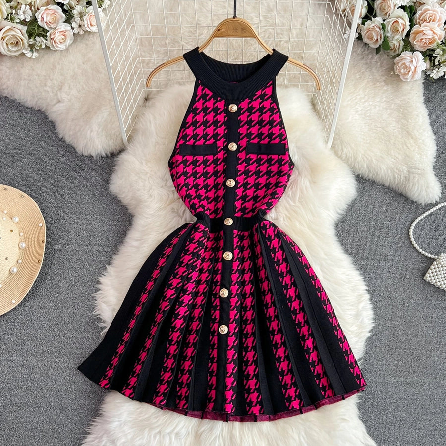 Women's Sheath Dress Elegant Round Neck Button Sleeveless Houndstooth Above Knee Daily