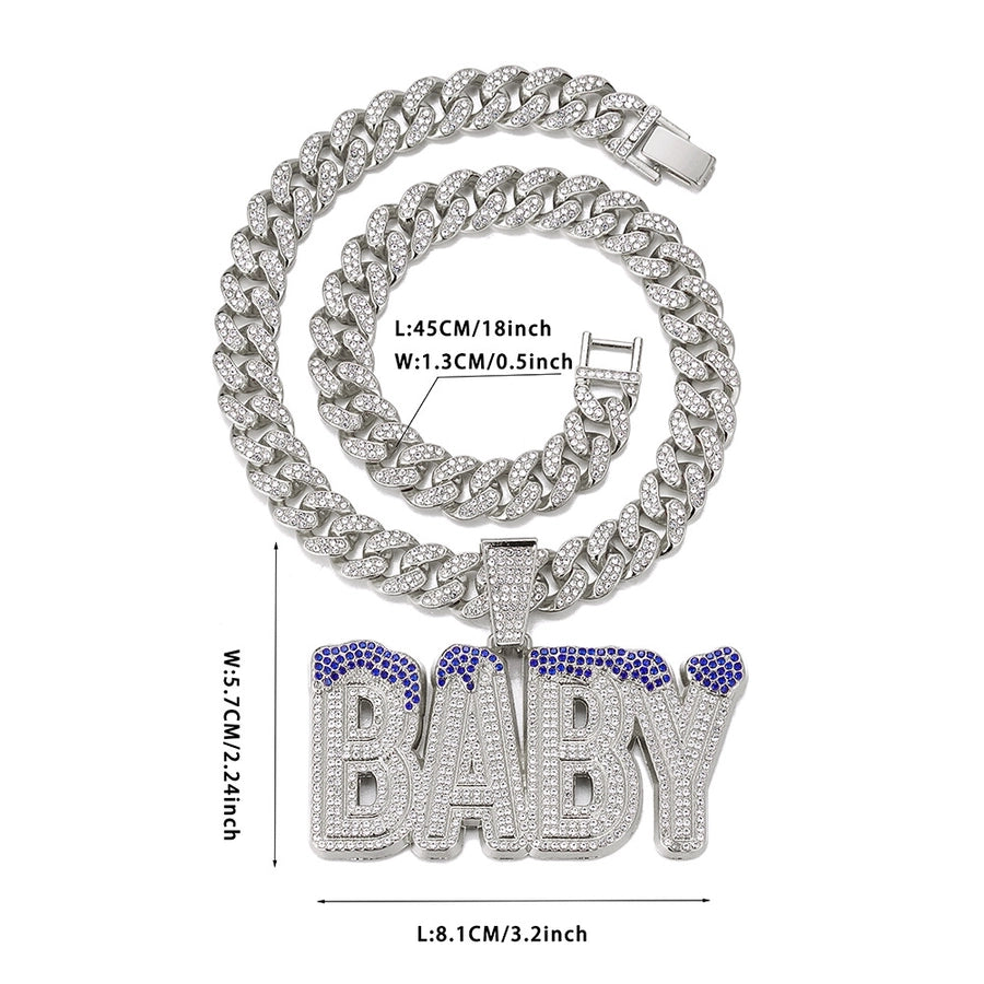 Cross-Border Hot Selling Men's Street Colorful Crystals English Letter Baby Pendant Rapper Hip Hop Cool Cuban Link Chain