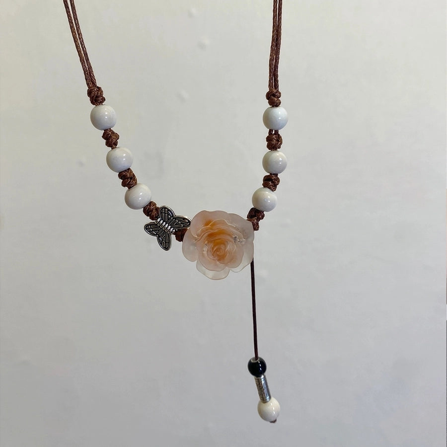 Retro Sweet Flower Synthetic Resin Fabric ceramics Pendant Necklaces