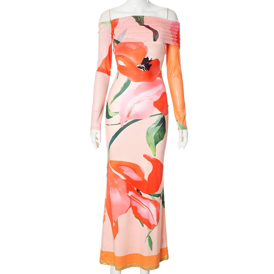 Women's Sheath Dress Streetwear Strapless Contrast Binding Long Sleeve Flower Maxi Long Dress Holiday