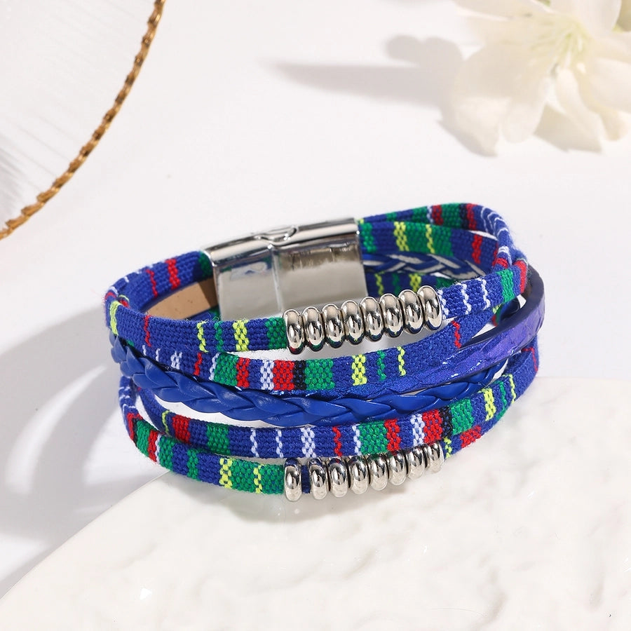 Ethnic Style Bohemian Tropical Colorful Rainbow Pu Leather Alloy Woven Chain Wrap Bracelets