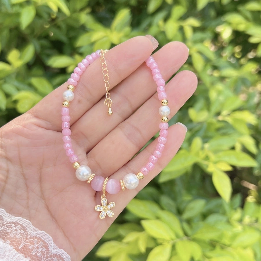 Sweet Flower Butterfly Bow Knot 18K Gold Plated Zircon Imitation Pearl Copper ball chain Beaded Bracelets