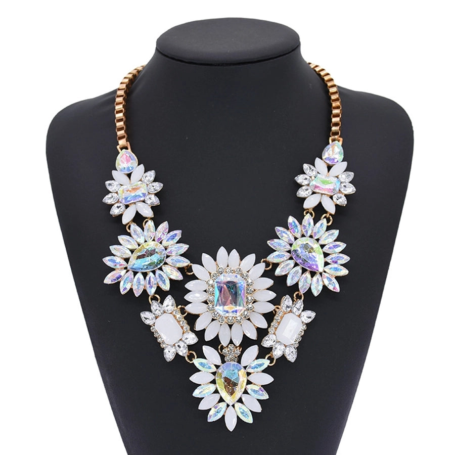 exaggerated shiny flower alloy plating inlay artificial crystal gem rhinestones women's long necklace necklace