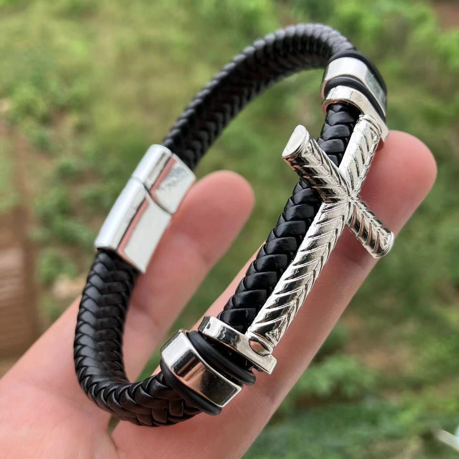 Streetwear Cross Pu Leather Woven Chain Wrap Bracelets