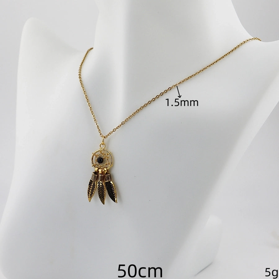 Jewelry Casual Vintage Style Leaf Dreamcatcher Feather 304 Stainless Steel Gold Plated Handmade Pendant Necklace