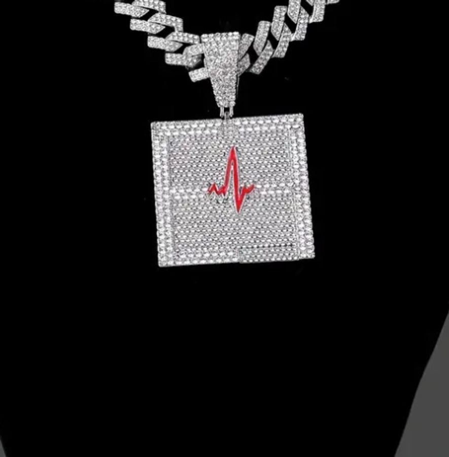 Cross-Border New Arrival European and American Hip Hop Style Dripping Oil Full Diamond Heartbeat Pulse Pendant Necklace High Quality Men's Cuban Link Chain