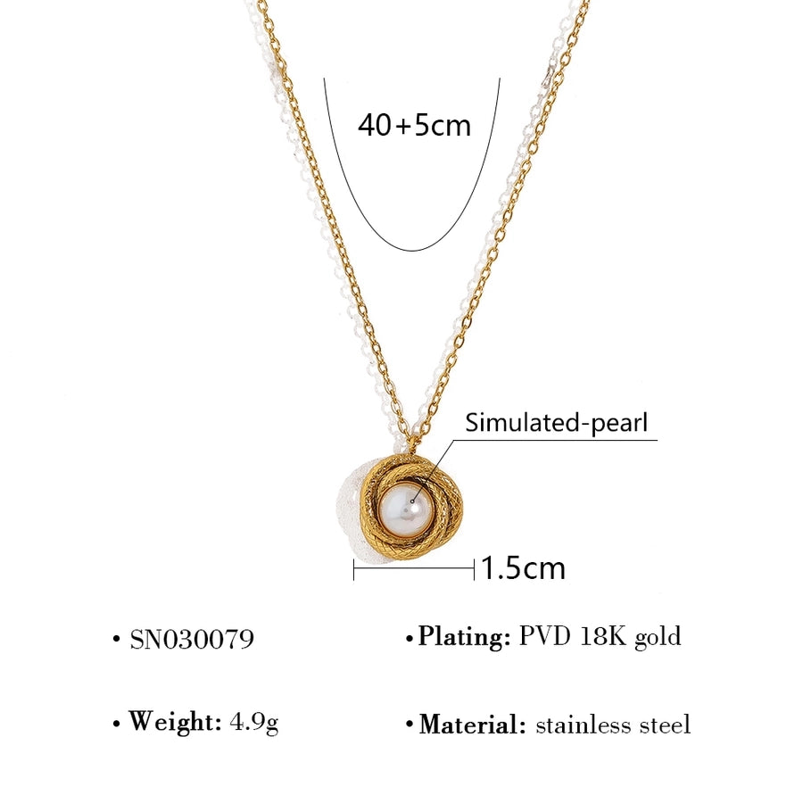Jewelry IG Style Vacation French Style Round 304 Stainless Steel Artificial Pearls Zircon 18K Gold Plated Pendant Necklace