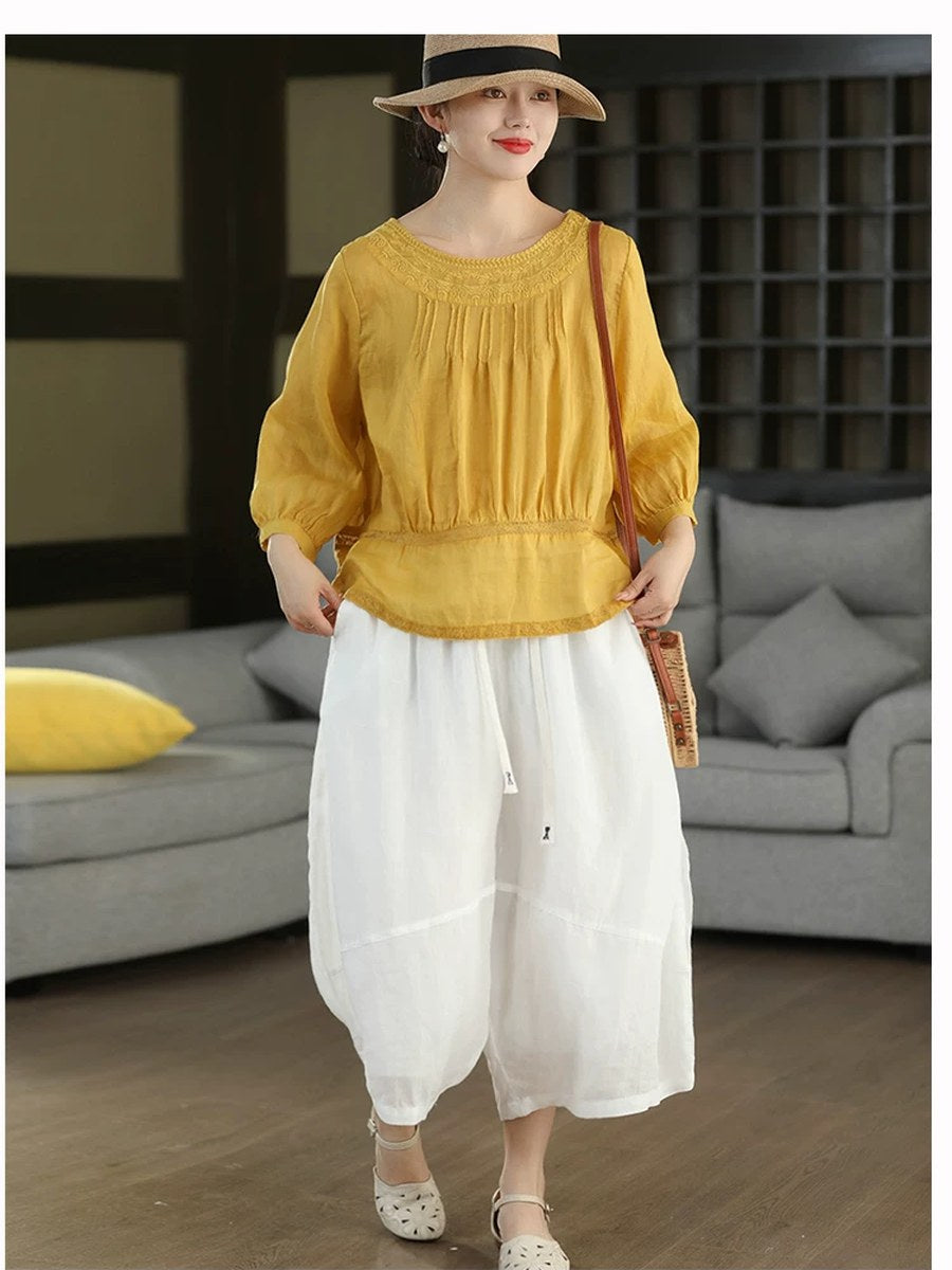 Women Summer Embroidery Vintage Three-Quarter Sleeve Linen Blouse
