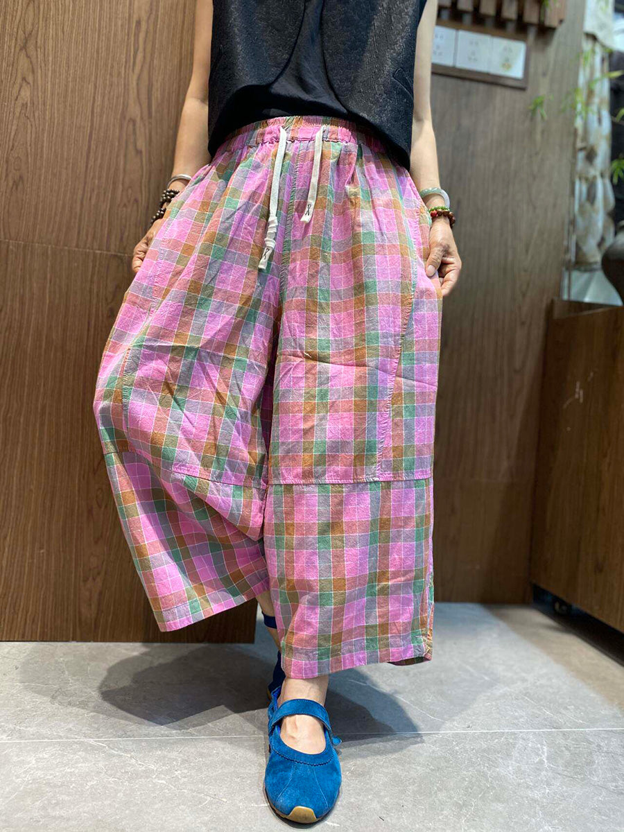 Plus Size Women Retro Ethnic Plaid Loose Cropped Wide-Leg Pants