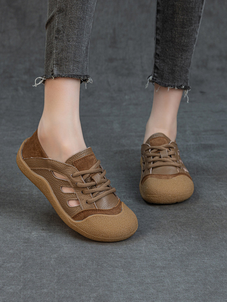 Women Summer Genuine Leather Openwork Slip-On Flats