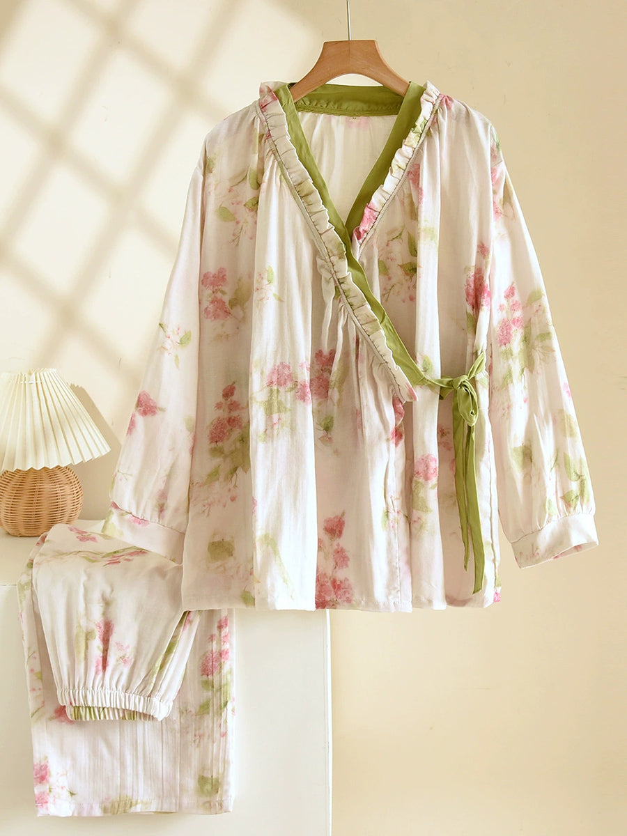 Plus Size Women Floral Spring Autumn Thin Cotton Gauze Tie-Front Pajamas