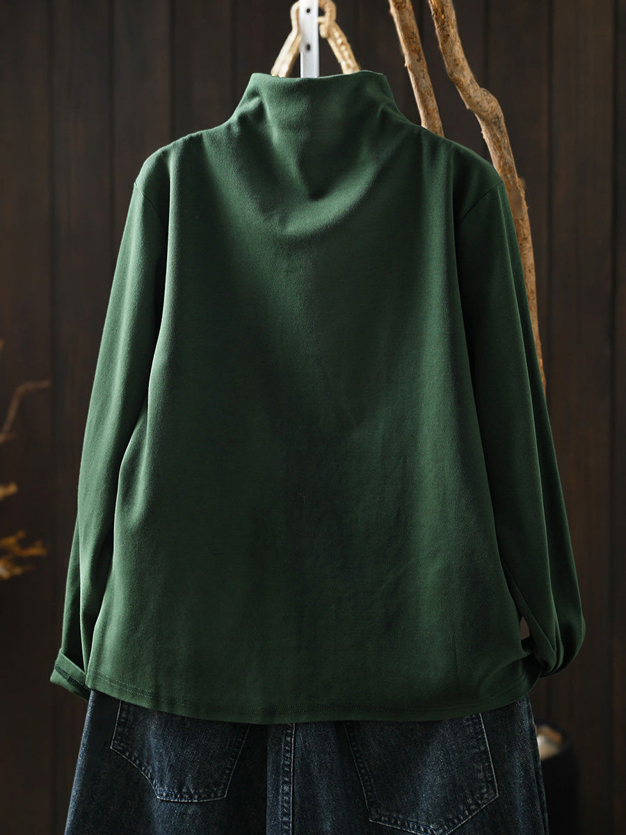 Women Autumn Frog Button Mock Neck Long-Sleeve Tee – Versatile Autumn Base Layer