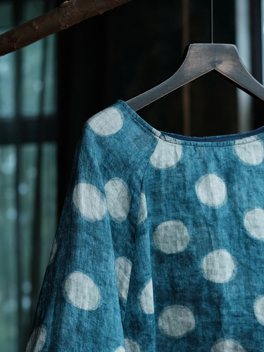 Women Vintage Polka Dot Vintage Long Sleeve Ramie Shirt