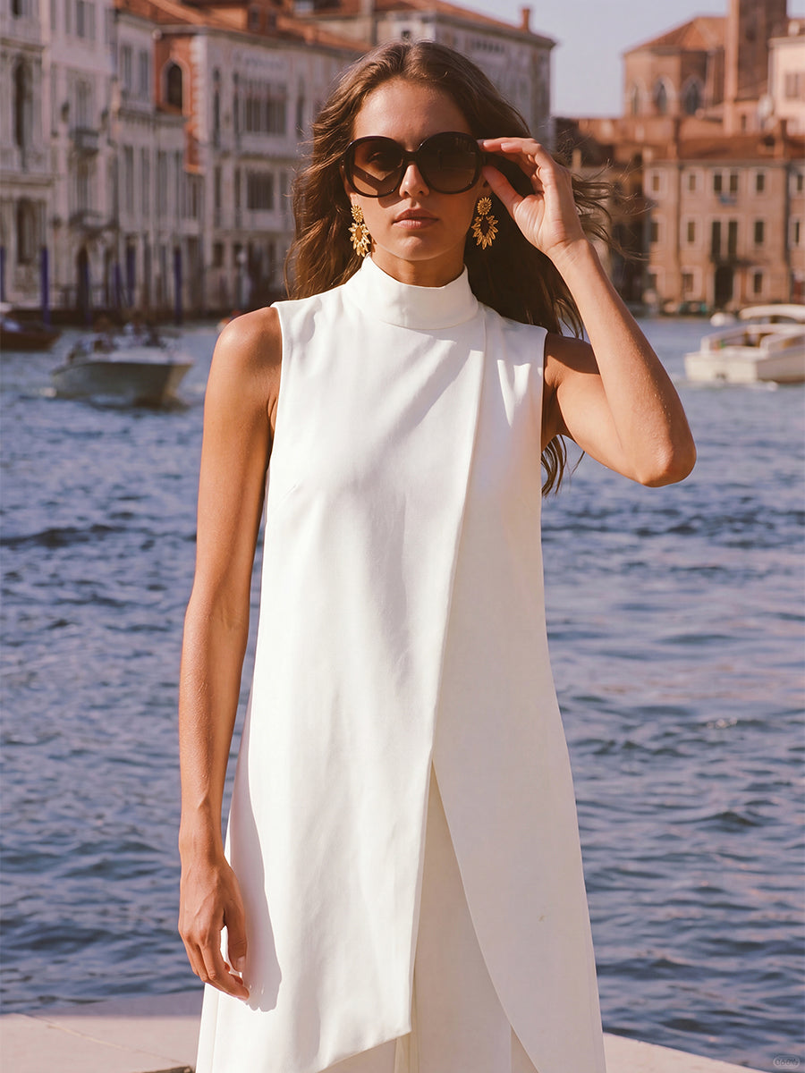 Solid Color Mock Neck High-Low Blouses&Shirts Tops + High Waisted Pants Trousers Two Pieces Set