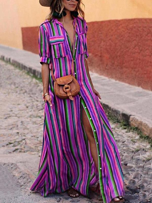Bohemia Striped Shirt Maxi Dress