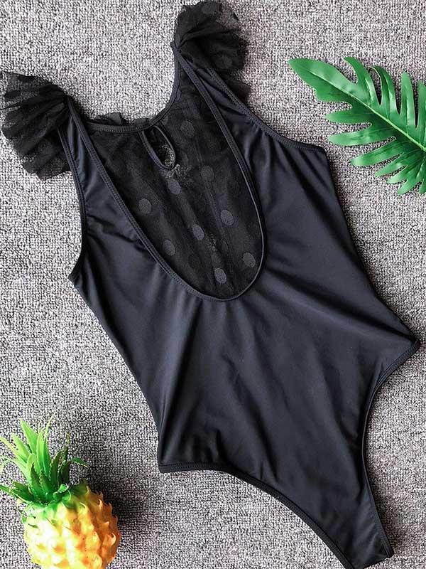 Tulle Polka-dot Deep-V One-piece Swimwear