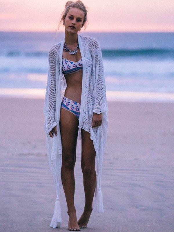 Asymmetric Knitting Tasseled Cover-up Top