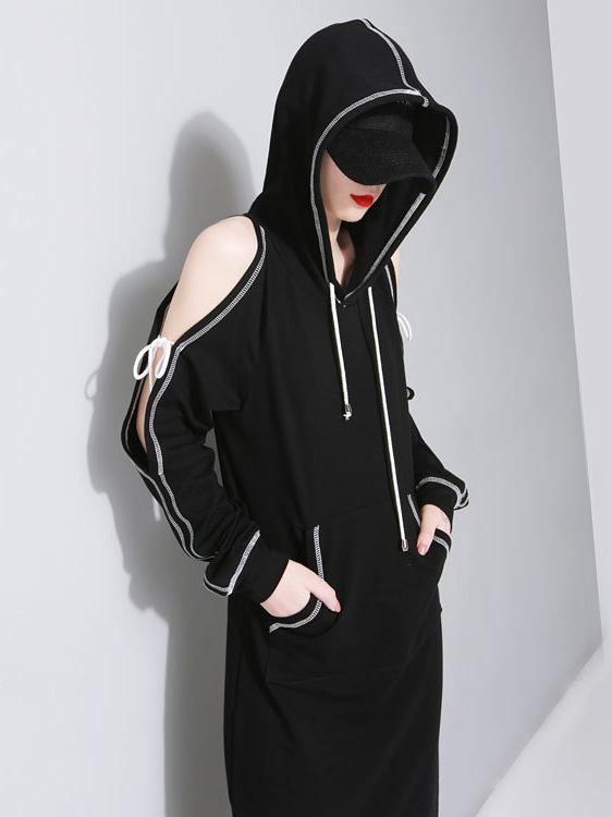 Cold shoulder Drawstring Split-back Sweatshirt Midi Dress